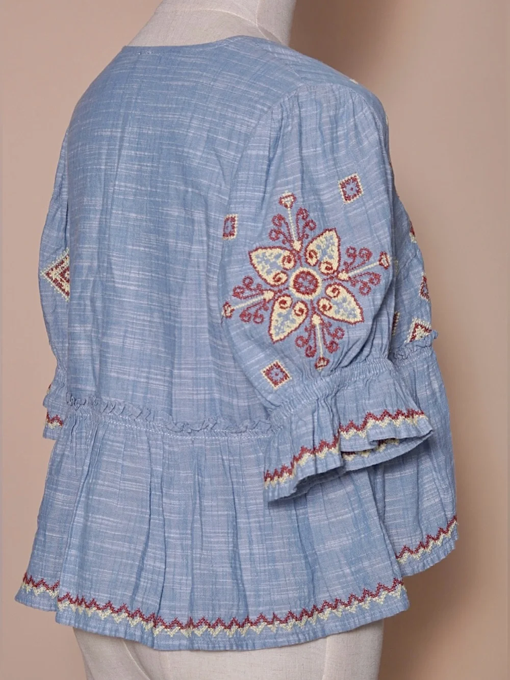 Blue Embroidered Boho Tie Front Peplum Blouse Flutter Sleeve